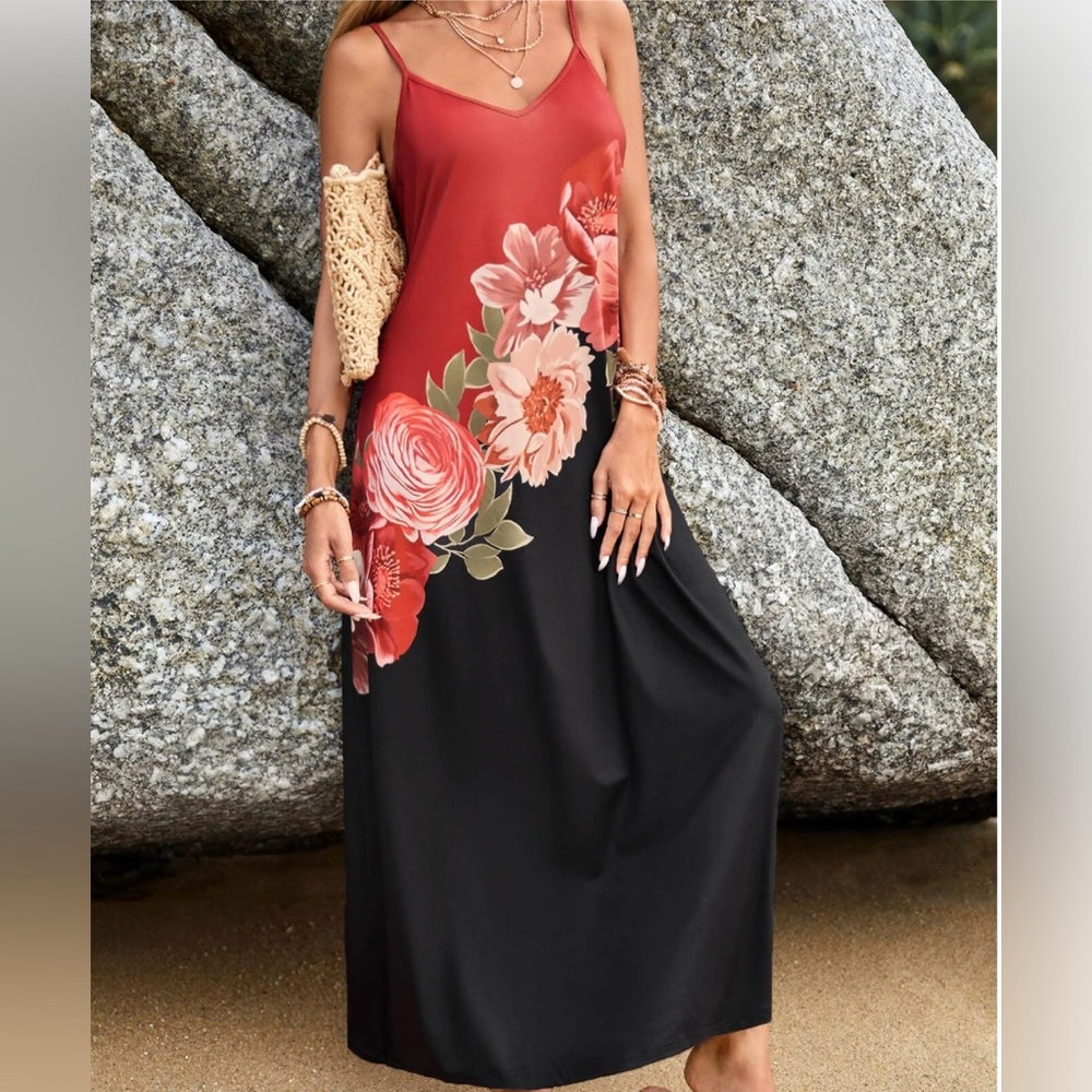 Rust/Black Floral Print Cami Dress - Picture 3 of 9